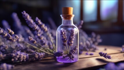 Obraz na płótnie Canvas Lavender oil with sprigs of lavender inside a bubble.