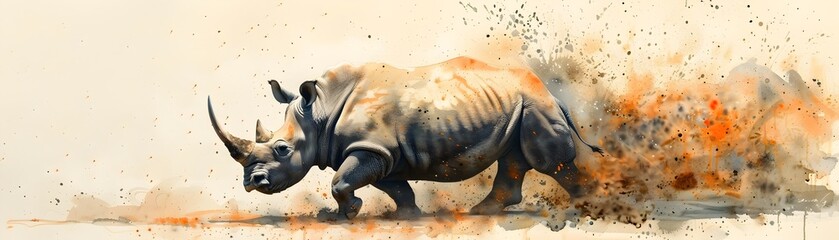 Black Rhino Charging in Watercolor with Dust and Fire, To convey a sense of raw power and motion in a unique and artistic way, suitable for a variety - obrazy, fototapety, plakaty
