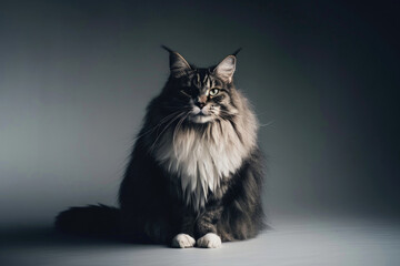 A Norwegian Forest Cat sits regally on a solid background