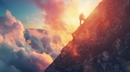 A man never gives up, strength and power. A man feels determination to climb a steep mountain. - obrazy, fototapety, plakaty