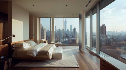 City Skyline View from Minimalist Bedroom Interior Concept