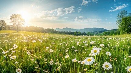 Obraz premium Beautiful spring and summer natural panoramic pastoral landscape with blooming field of daisies in the grass in the hilly countryside.