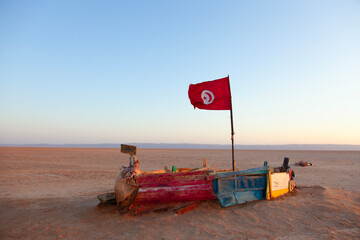 Chott el jerid, Salt lake in desert, Tunisia - 754850372
