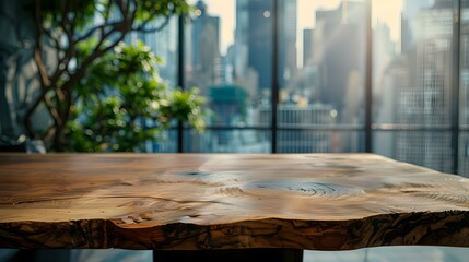 Modern wooden table with a city view, natural light, contemporary design for home or office use. ideal for relaxing or meetings. AI