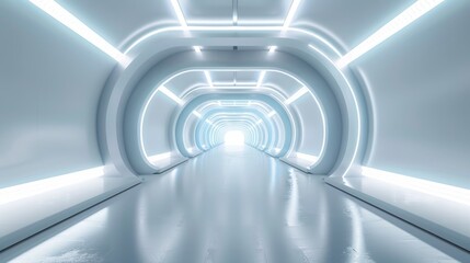 Blue white background, 3D room, light, abstract space technology, tunnel stage floor Futuristic 
