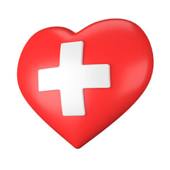 Swiss Heart Medical Icon with Cross: A red heart with a cross symbol, representing health, medicine, and emergency services 3d icon with transparent background