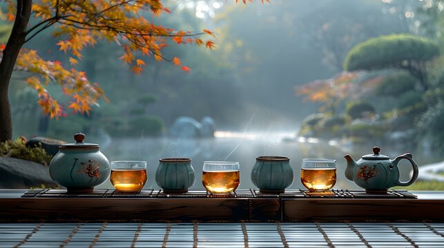 Serene tea ceremony in autumn setting. tranquil nature, traditional teaware, moment of zen. perfect for relaxation themes. AI