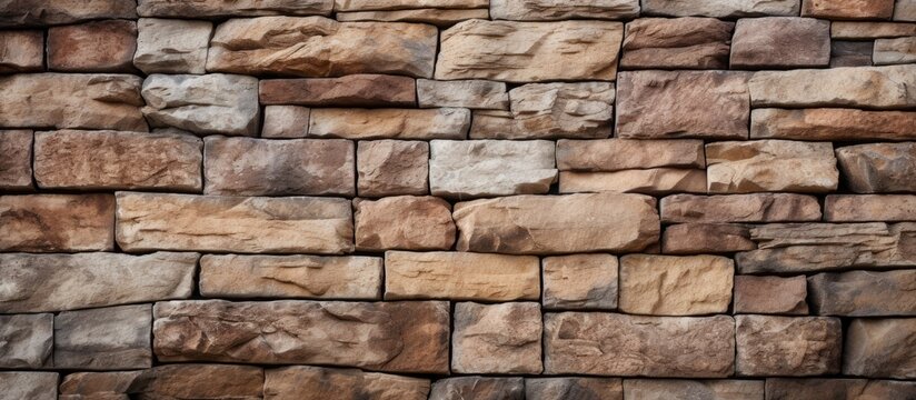 A stone wall constructed from a combination of brown and white bricks, creating a textured surface. The bricks are evenly aligned, forming a sturdy and durable barrier.