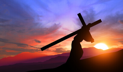 Crucifixion of Jesus Christ. Cross at sunset. 3d illustration