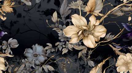 Luxurious floral 3d wallpaper with a pattern of flowers in rich colors on a black background vector. Dramatic floral abstraction, ornament, pattern, art illustration. Luxurious black floral print.