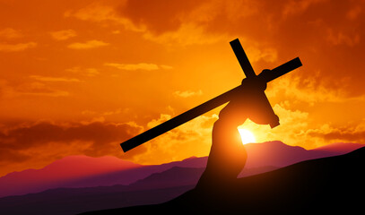 Crucifixion of Jesus Christ. Cross at sunset. 3d illustration - obrazy, fototapety, plakaty