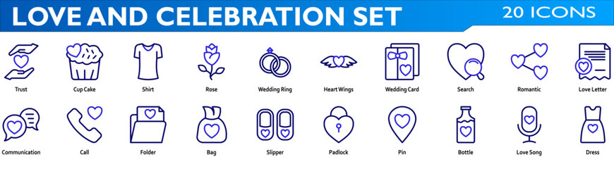 Love and celebration icon set. Containing trust,rose,wedding ring,heart wings,wedding card,romantic,love letter,communication,pin,love song,dress. Line Color style collection