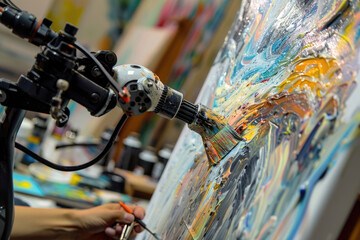 A mesmerizing image of a robot artist creating a beautiful painting with fluid brushstrokes - obrazy, fototapety, plakaty