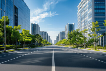 Wide empty city street flanked by green trees and modern skyscrapers - obrazy, fototapety, plakaty