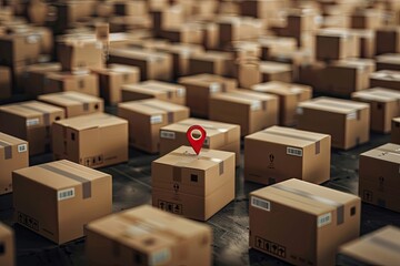 boxes in warehouse with one containing pin point direction 
