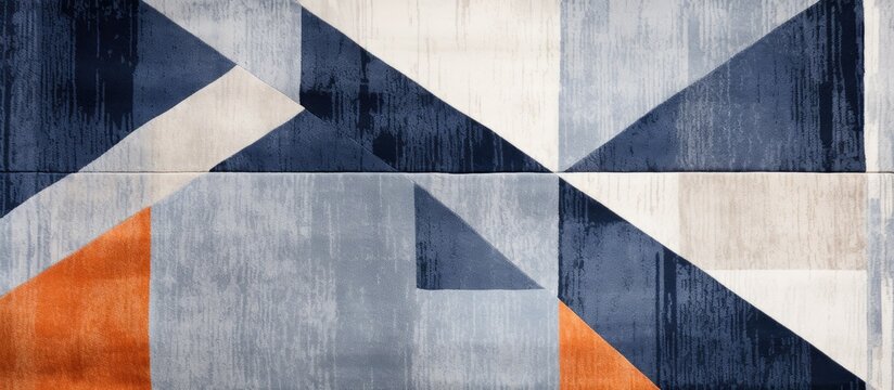 A modern rug featuring a mix of blue, orange, and white hues, adorned with a variety of geometric shapes in different sizes and patterns. The rug adds a vibrant and contemporary touch to any room.