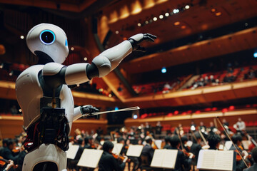 A powerful image of a robot conductor leading an orchestra in a flawless performance