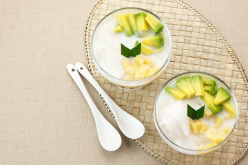 Es teler or es teller, Indonesian dessert, consist of avocado, young coconut, jackfruit, served...