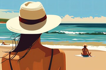 Rear view of woman at beach with hat on 