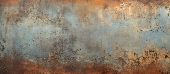 A worn, corroded, and oxidized metal plate is displayed against a backdrop of brown and blue colors. The texture of the metal shows signs of decay and weathering, creating a contrast with the earthy