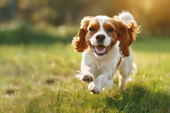 Happy cavalier king charles spaniel dog running on a green field on a sunny day 
