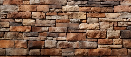 Fototapeta premium A stone wall constructed using brown and tan bricks, showcasing a mix of earthy tones and textures in a structured pattern. The bricks are neatly aligned to form a sturdy and aesthetically pleasing