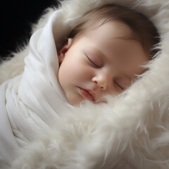 a close-up shot of a sleeping baby wrapped snugly in a white blanket. 