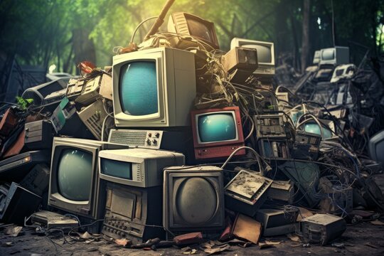 Outdated Old electronic trash pile. Ecology used. Generate Ai