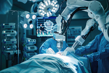 A dramatic image of a robot surgeon operating on a patient with incredible precision