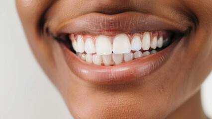 A close-up of a bright, cheerful smile showcasing healthy, white teeth.