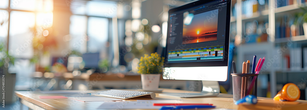 Fototapete a desktop computer with video editing software