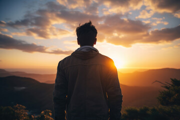 男性, 男性の後ろ姿, 夕焼け, 夕陽, 夕陽を眺める男性, 自由, 男性のシルエット, Male, male back view, sunset, sunset view, men watching sunset, freedom, silhouette of man