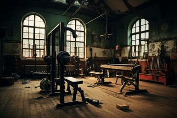 Fototapeta na wymiar Atmospheric Old american gym. Wood old floor. Generate Ai