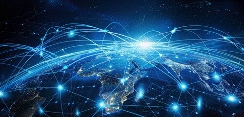 Naklejka na ściany i meble Digital world globe centered on Europe, concept of global network and connectivity on Earth, data transfer, information exchange and international telecommunication