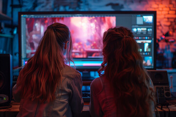 Young Women huddling over a tv screens on which Ai is editing a video