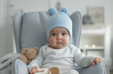 Cute baby in blue bonnet on grey baby rocking chair with toy