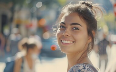A multiracial young woman smiles as she walks down the street - Powered by Adobe