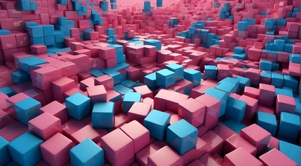 Deurstickers futuristic voxel artificial cubes illustration pixel virtual, render cube, face cyborg futuristic voxel artificial cubes, abstract geometric pattern, cube pattern, and rainbow color render wallpaper © Qazi Sanawer