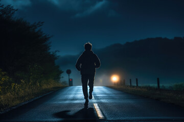 男性, 男性の後ろ姿, 走る, 夜道, 夜, 都市, 都会, 夜道を走る男性,...