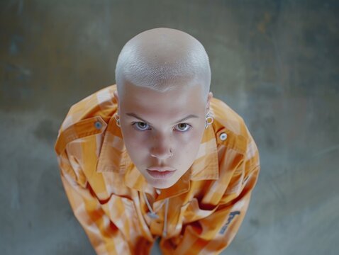 A multiracial man with a shaved head wearing an orange shirt