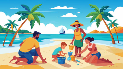 (A02) A family is playing on the beach, with a man and a boy digging in the sand