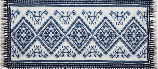 A blue and white blanket with fringes laying flat on a surface, showcasing its intricate design and texture.