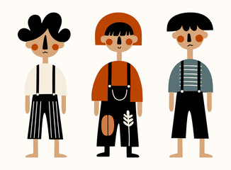  abstract illustration of three boys standing in different styles of overalls