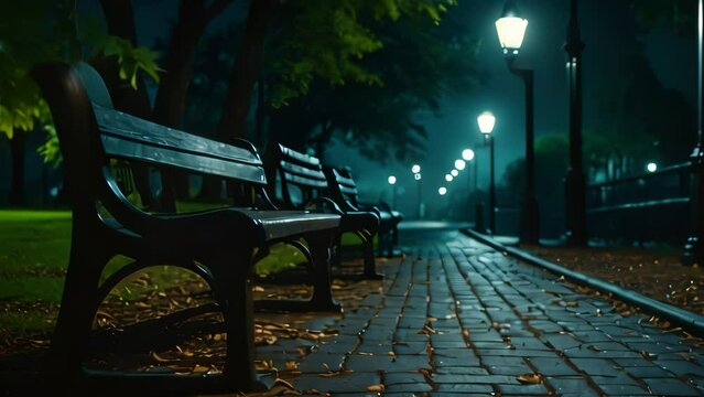 Video animation of peaceful night scene at a park. A wooden bench is prominently featured in the foreground, illuminated by the soft glow of street lamps lining a paved walkway