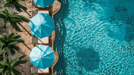 A pool with blue umbrellas and lounge chairs. The pool is surrounded by palm trees