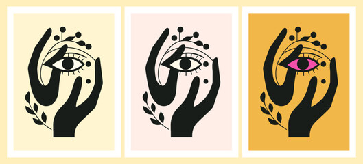 A set of abstract art vector illustrations featuring a hand holding a disembodied eye