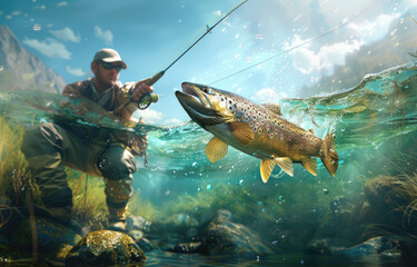 fishing underwater view with fly fisherman and big trout, fishing in the river on a sunny day