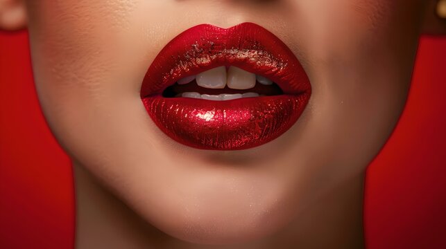 Close-up of luscious red lips, glossy lipstick, sensual female feature. perfect for beauty projects. elegance and seduction captured. AI