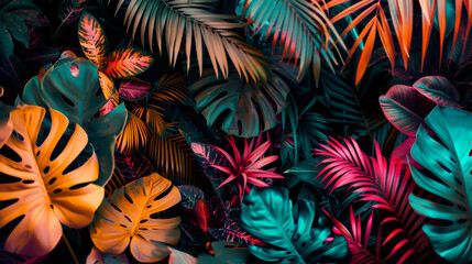 A colorful jungle scene with many different colored leaves and flowers