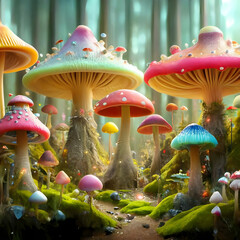 Magic Mushrooms in Fantasy Enchanted fairytale forests with lots of brigands and loitering. generative ai
